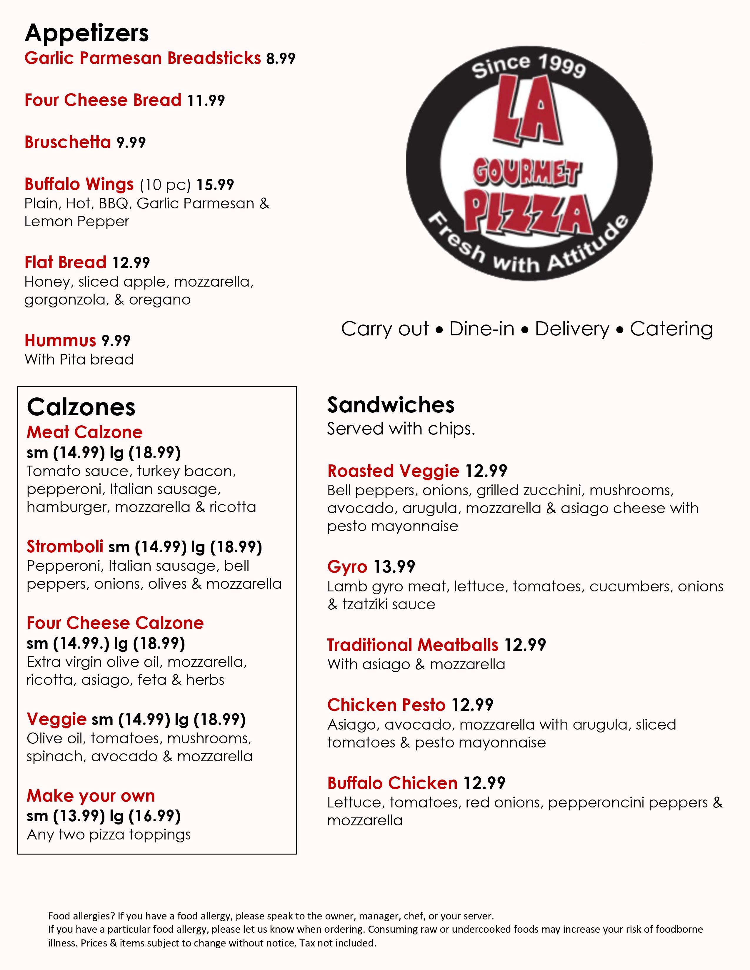 LA Gourmet Pizza Menu