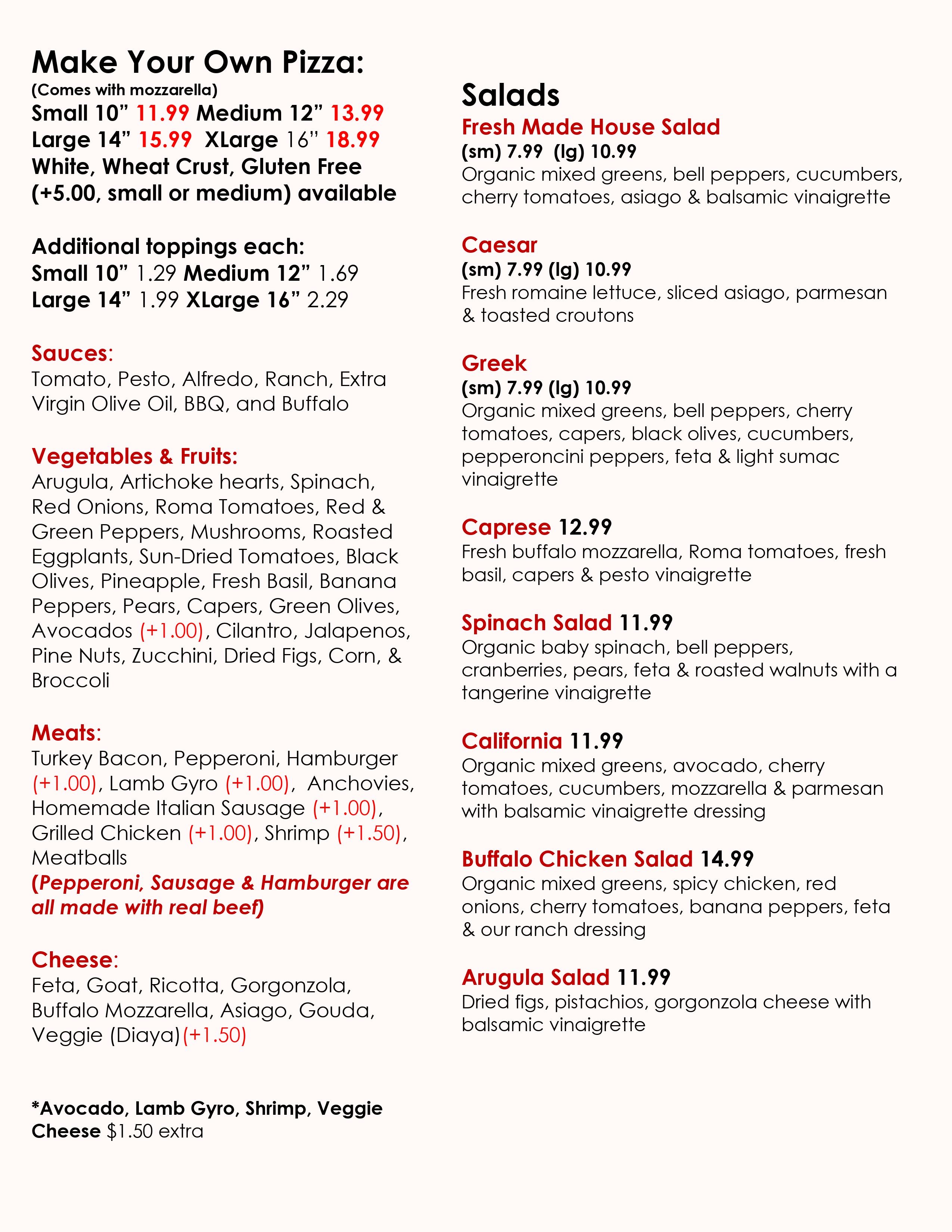 LA Gourmet Pizza Menu Page 2